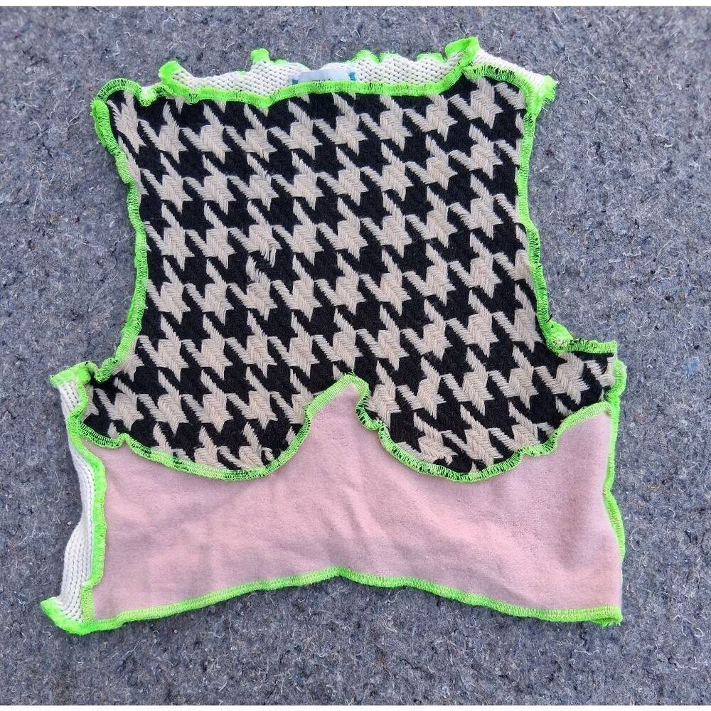 Rua carlota womens small cropped top patchwork  art to wear shirt pink green